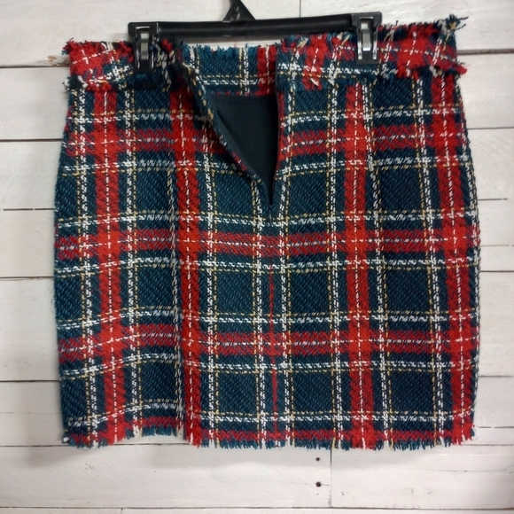 Pink Lily Women's Size 2XL Red Blue Tweed Skirt with Fringe, Lined, Back Zipper - Picture 4 of 7